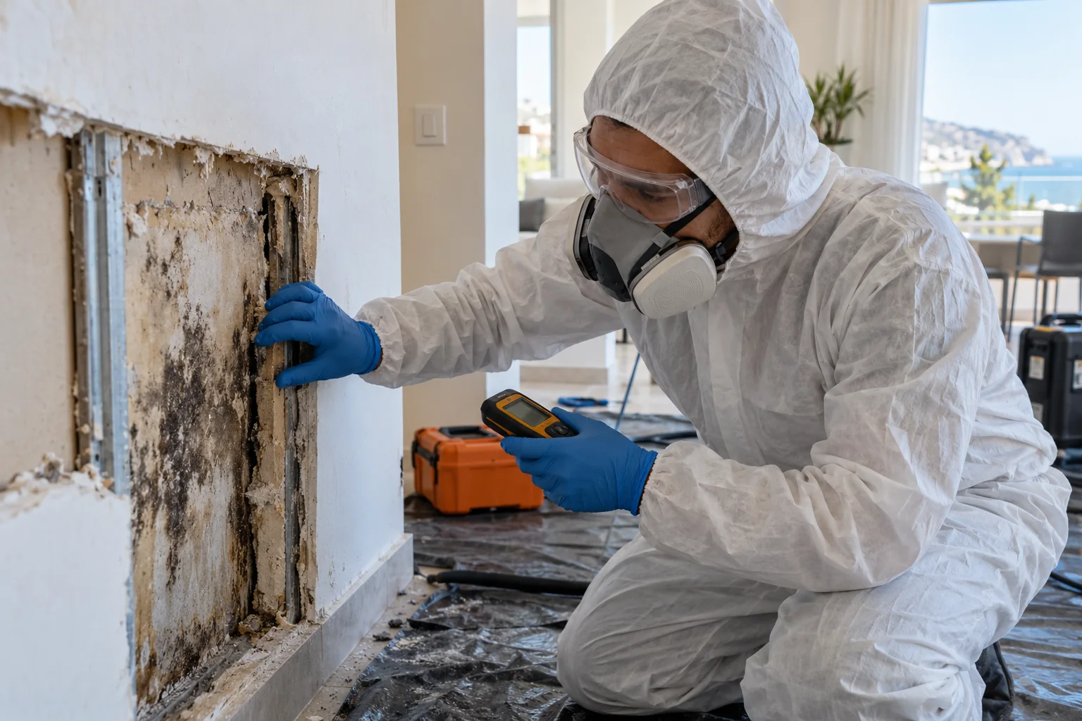 AI illustration of a protected technician assessing an opened damaged wall