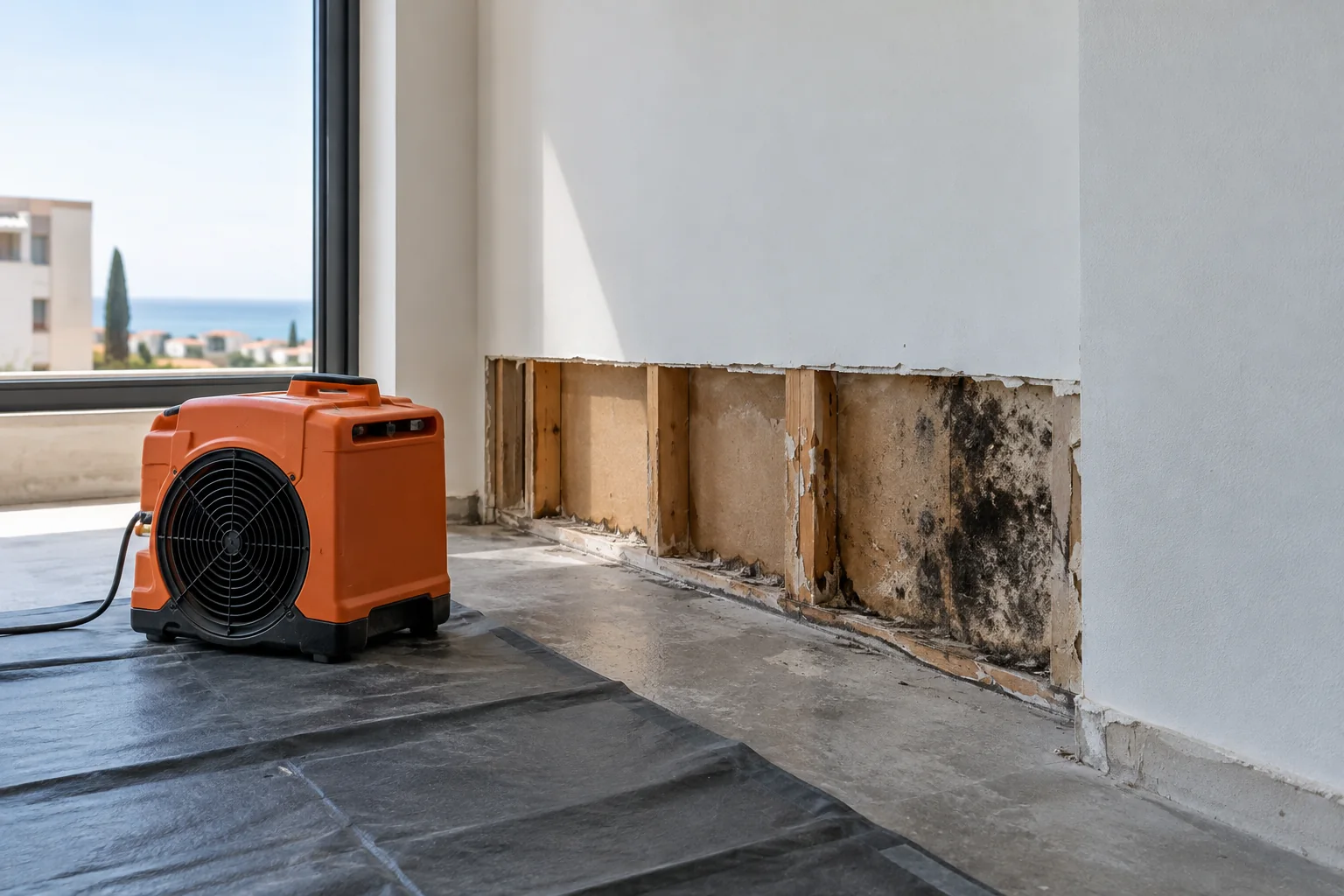 AI illustration of an opened water-damaged wall and orange drying equipment